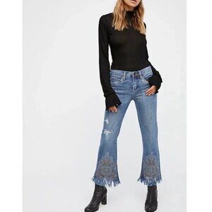 EUC Blank NYC Studded, Raw-Hem, Kick Flare Cropped Low-Rise Jeans